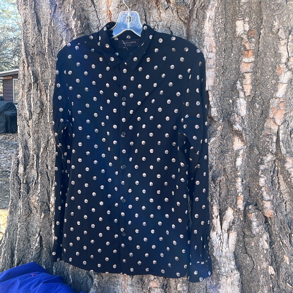 All Saints Black Polka Dot Casual Button Down Shirt - Picture 2 of 6
